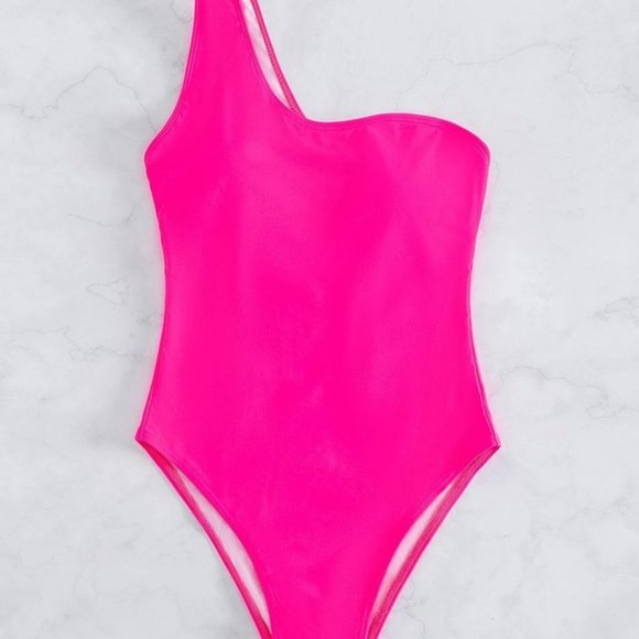 Hot Pink Summer Womens Cut-out Knot One Shoulder One Piece Swimsuit - Picture 5 of 5